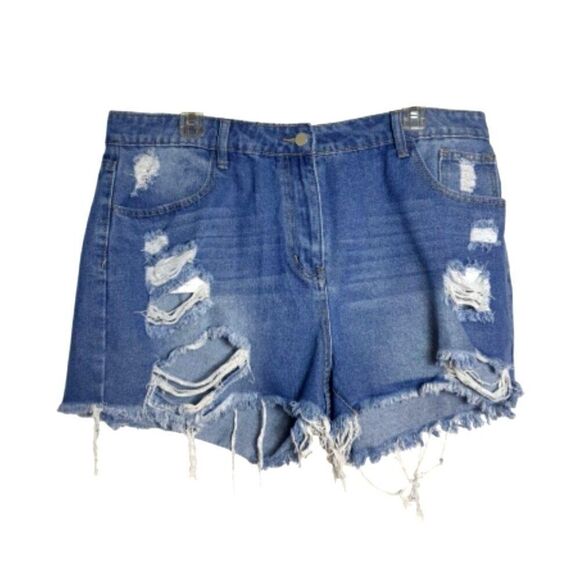 Shein Womens Denim Shorts 1XL Y2K Distressed High-Waisted Mom Frayed Hem  Pocket - Picture 1 of 5